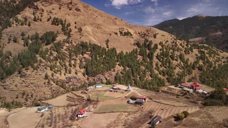 remote dry high altitude farmland in bhutan nepal, mountainous nepalese valley, drought climate change himalaya