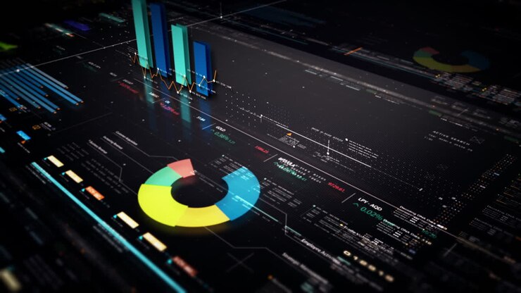 Business stock market, trading, info graphic with animated graphs, charts and data numbers insight analysis to be shown on monitor display screen for business meeting mock up theme