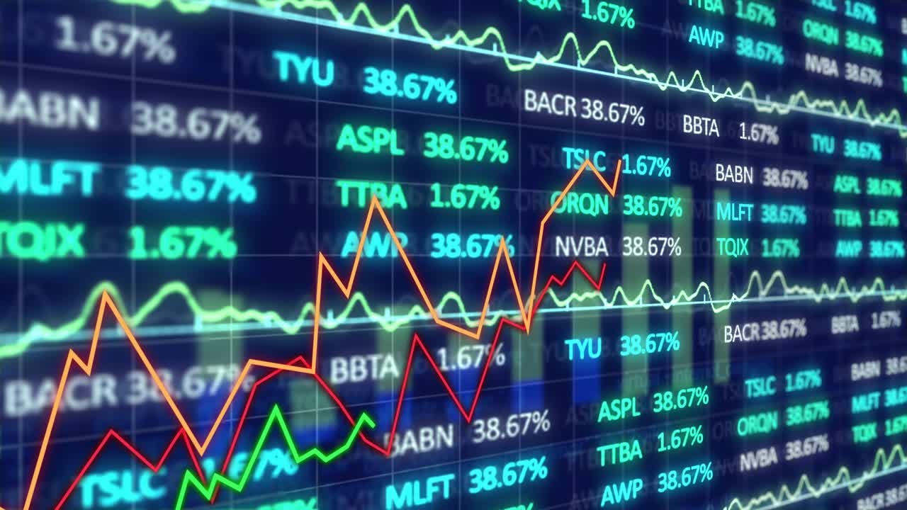Dati di mercato in tempo reale che alimentano un pannello di visualizzazione, linee arancioni e rosse che salgono e impennano per mostrare le tendenze