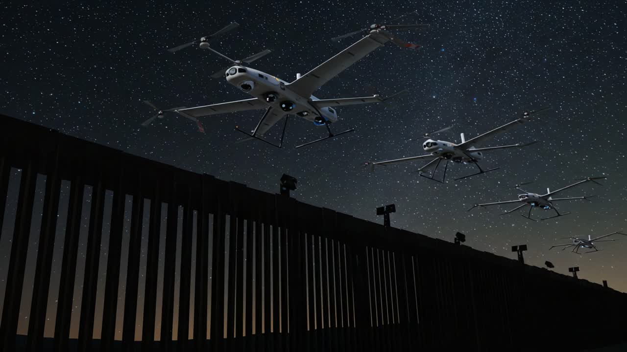 Aerial Surveillance Operation: Drones Navigate the Night Sky Above a Boundary Barrier, Highlighting Advanced Technology in Monitoring and Security