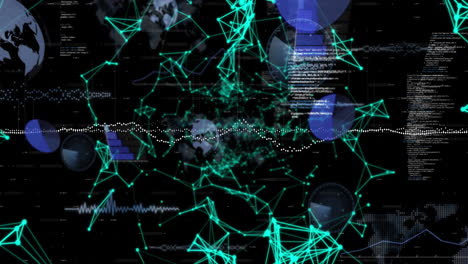 Animación-De-Escáneres-Redondos,-Procesamiento-De-Datos-Y-Redes-De-Plexos-Sobre-Fondo-Negro