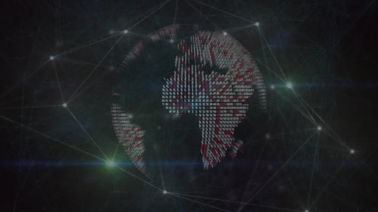 Glowing network nodes connecting with lines streaming across dark digital sphere with green flares