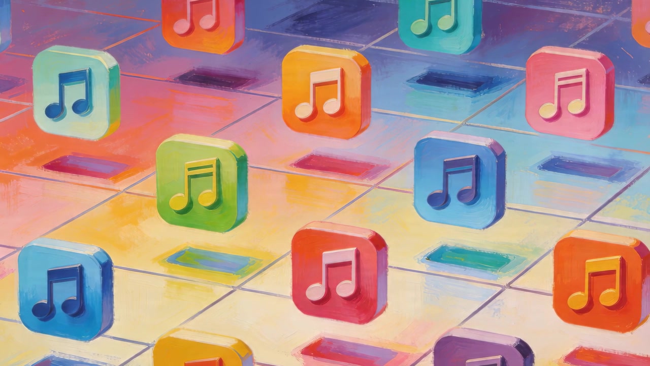 Avvio della riproduzione in loop, icone di note musicali che fluttuano sopra una griglia riflettente piastrellata, per la presentazione del marchio.