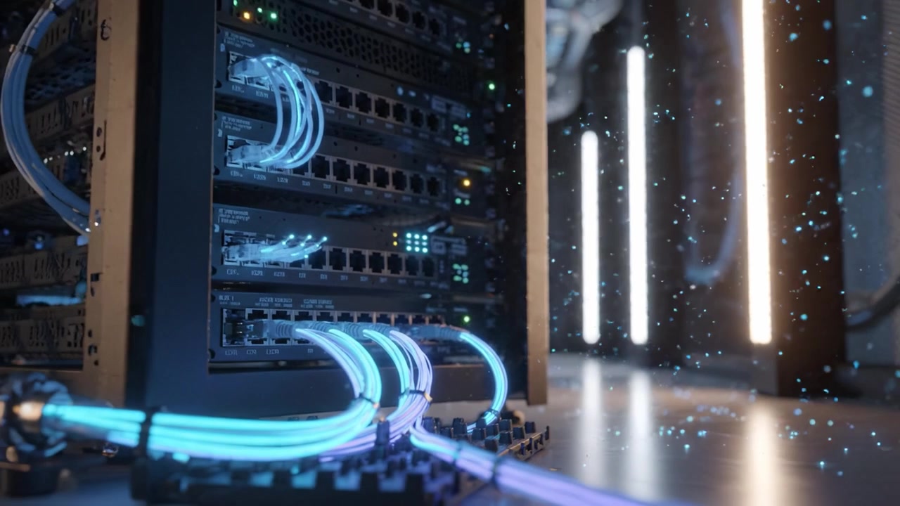 A Futuristic Data Center Featuring Colorful Fiber Optic Cables, High-Tech Servers, and Energetic Light Display In an Advanced Network Environment