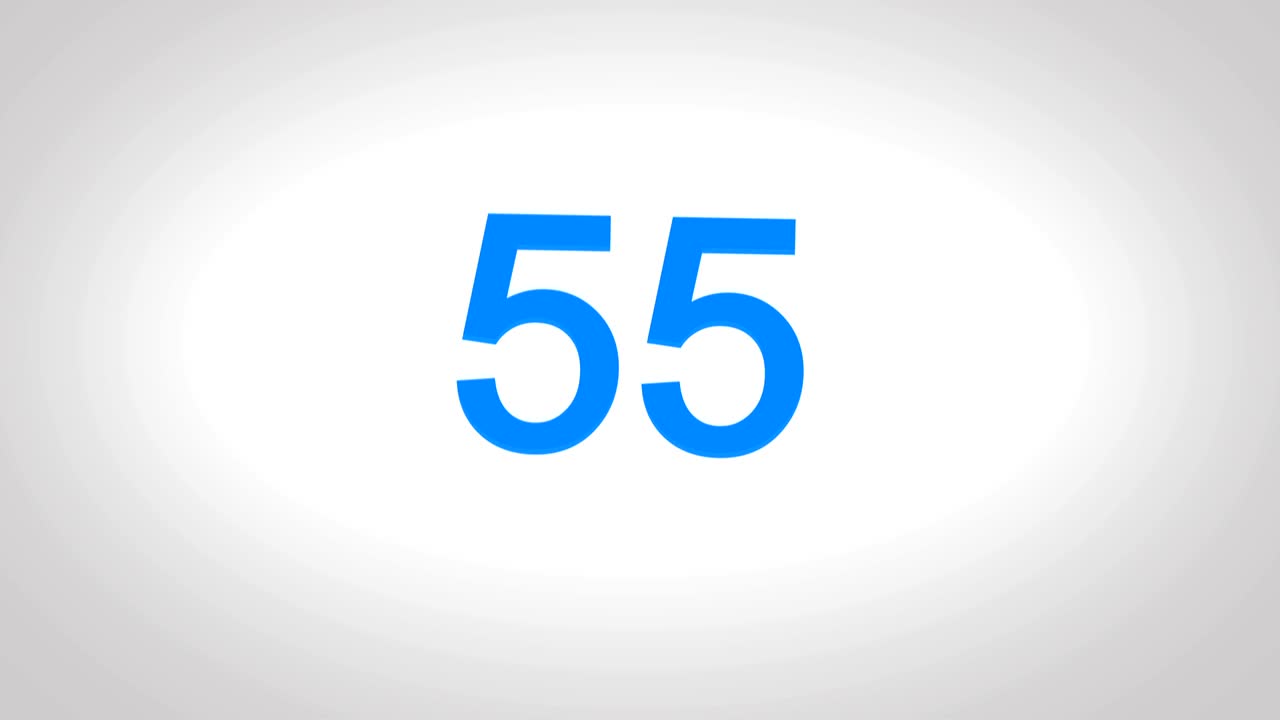 Conto alla rovescia 4K con numero blu da 60 a 0 secondi su sfondo bianco