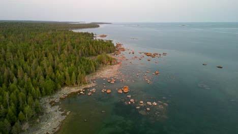 Aerial-view-of-rocky-forested-shoreline-Lake-Huron