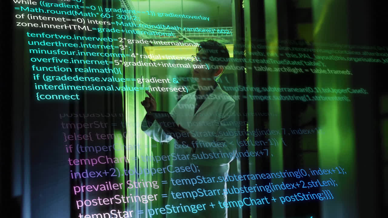 Programming code animation over scientist working in laboratory with tablet