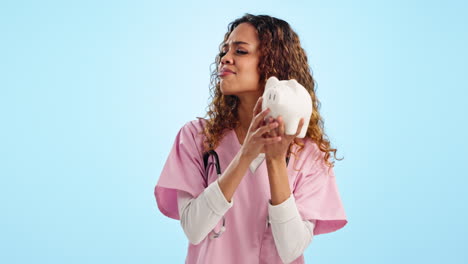 Face,-doctor-and-woman-with-a-piggy-bank