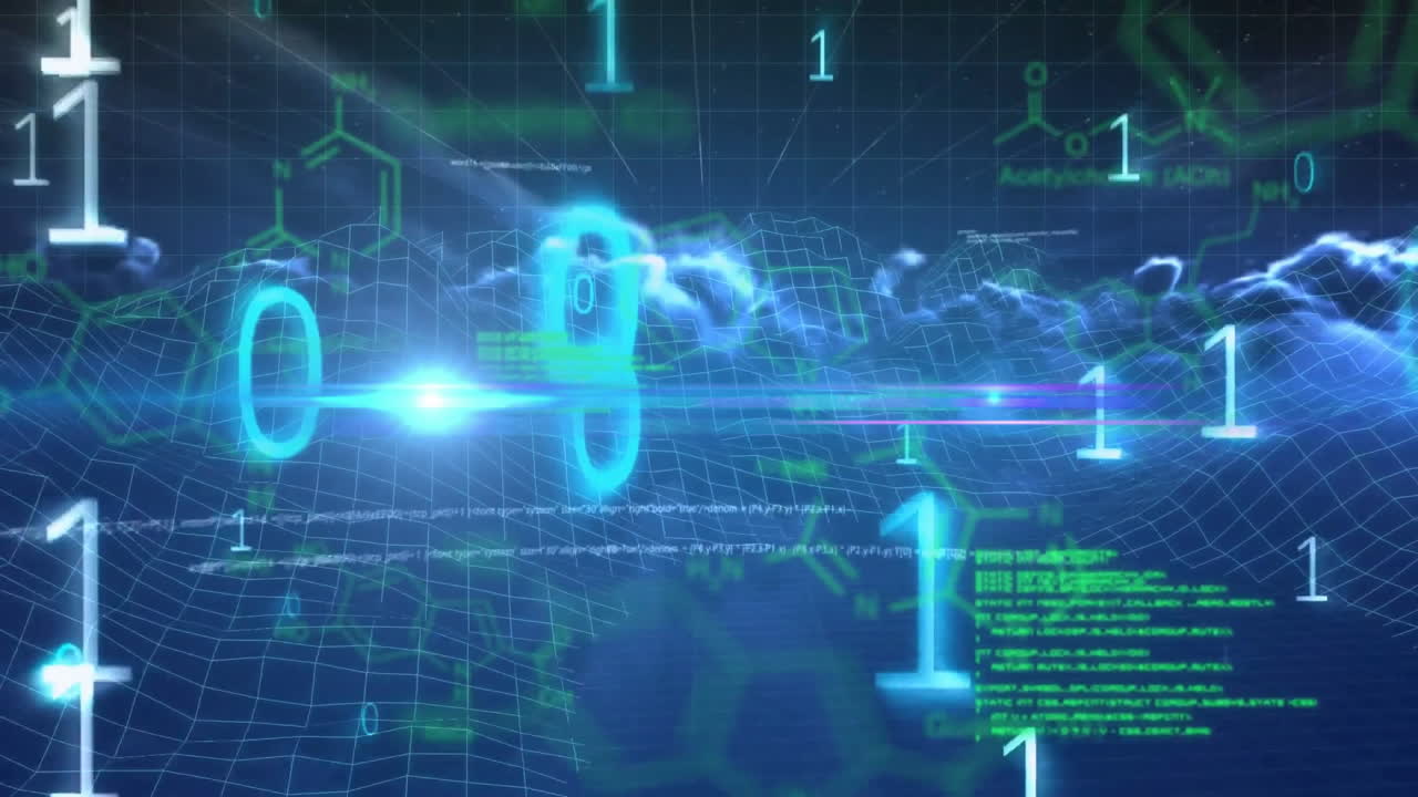 анимация сети соединений с двоичным кодированием и обработкой данных