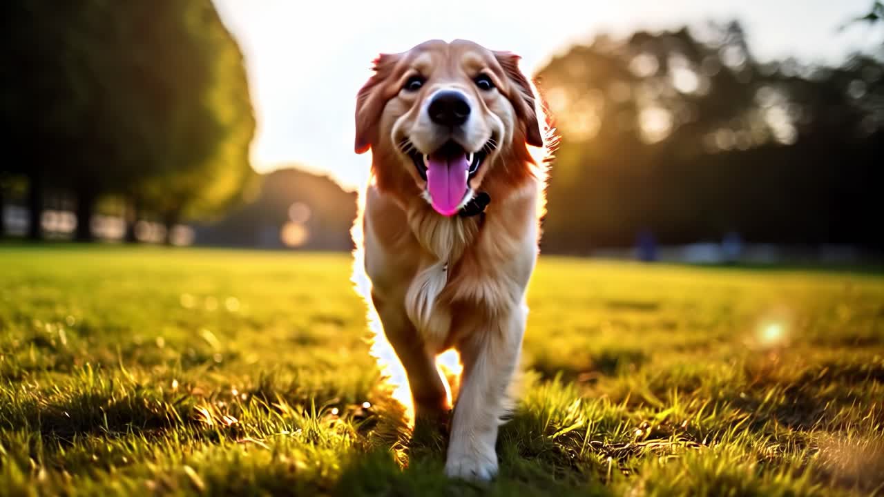 A joyful Golden Retriever puppy runs through a sunlit park, capturing the essence of freedom