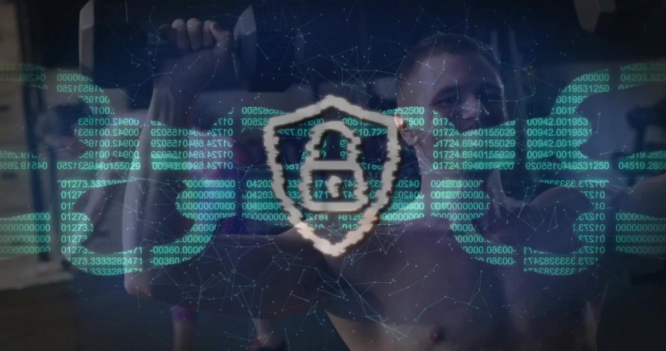 Man pressing dumbbells in fitness on 1st rep, green code locking shield over chest showing security