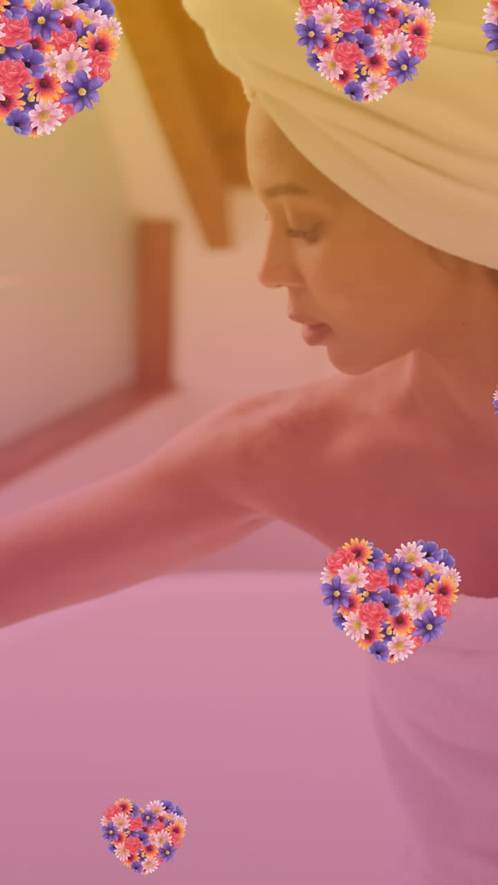 animación de iconos de corazón sobre una mujer caucásica tomando un baño