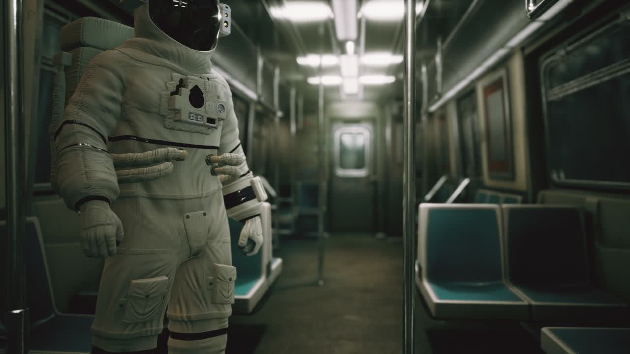 astronauta dentro del viejo vagón de metro no modernizado en ee.uu.
