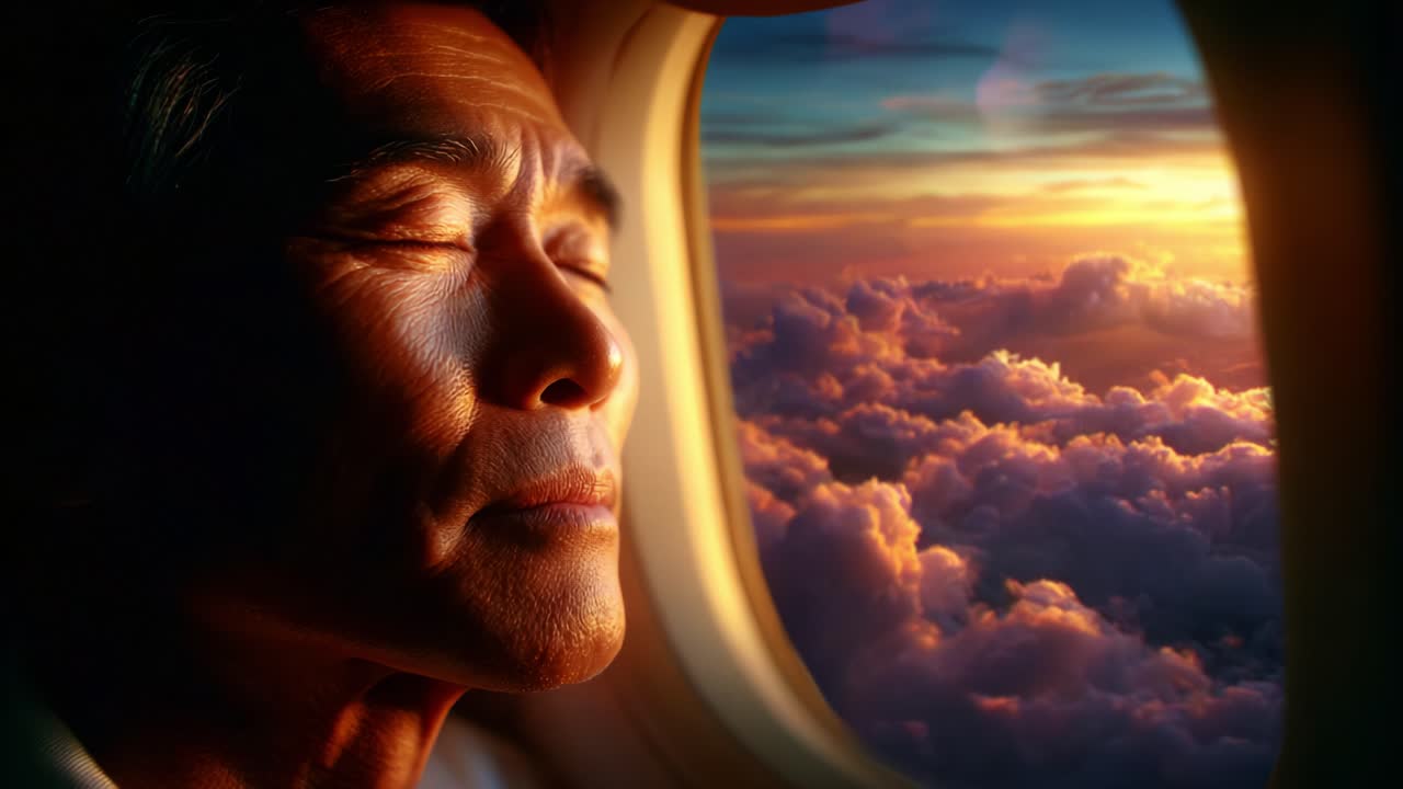 A Pensive Traveler Enjoys a Moment of Serenity While Gazing Out from a Plane Window at the Beautiful Sunset Sky Oversoft Clouds, Embracing the Tranquility of Airborne Exploration