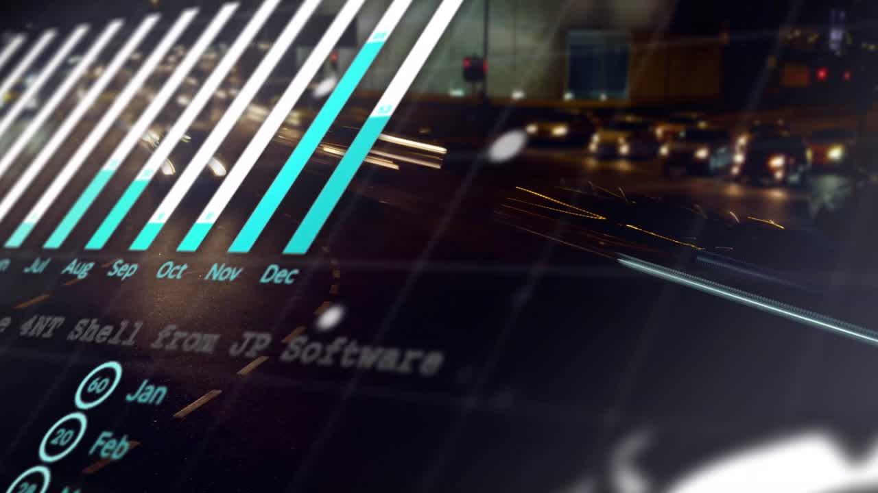 Animation of calendar graph, globe and data processing over fast speed traffic on city road at night