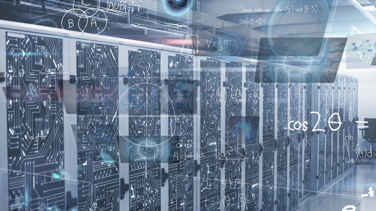 Animation of infographic interface, mathematical equations and lens flare over server room