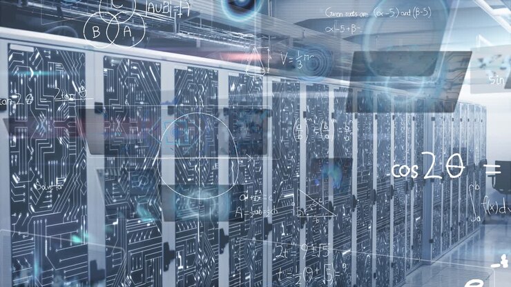 Animation of infographic interface, mathematical equations and lens flare over server room