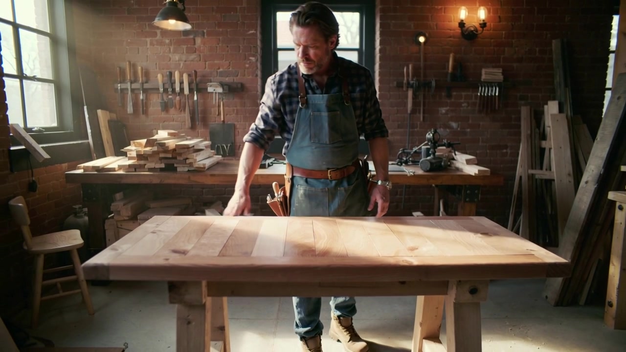 Noticing window light, woodworker in apron rubbing tabletop at woodshop checking finish with rag