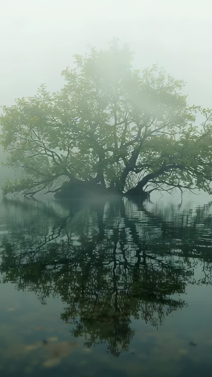 Vertical video: Mist lifting, deciduous tree rising from tiny island at pond, reflection rippling