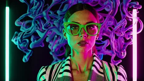 stylish woman in neon lighting