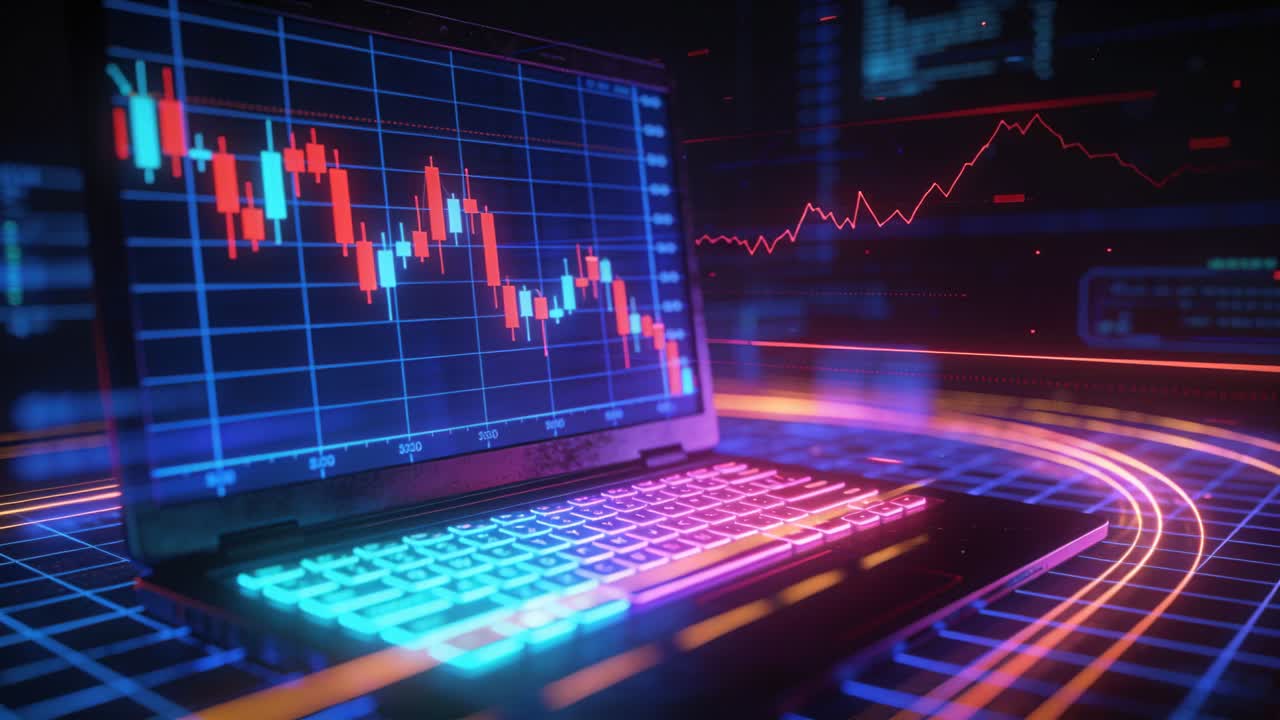 Bildrutor avancerar, bärbar dators RGB-tangenter, candlestick-diagram sjunker på ett neonrutnät, röd linje visar nedgång.