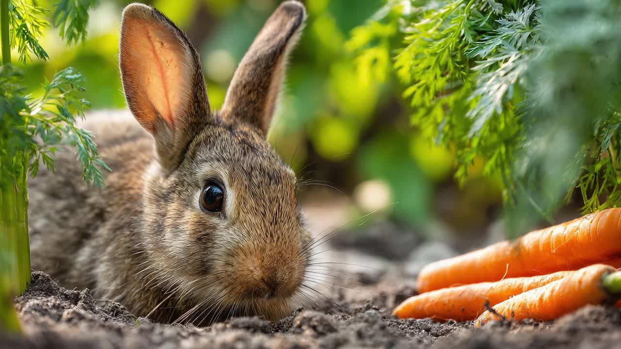 A Playful Rabbit Surrounded by Fresh Carrots and Lush Greenery, Captured in Stunning Detail in a Serene Garden Environment