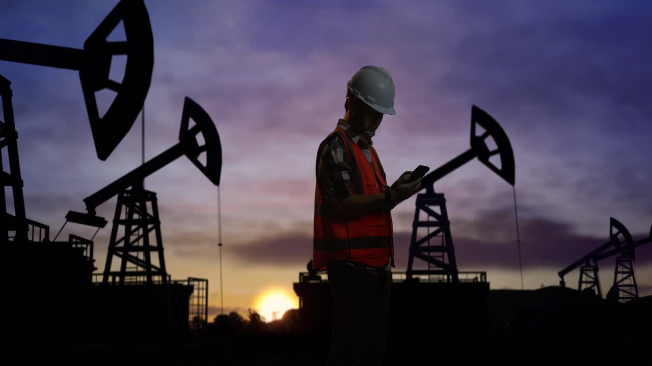vista lateral de un ingeniero masculino asiático con casco de seguridad usando un teléfono inteligente mientras está de pie frente a las bombas de petróleo, durante la puesta o salida del sol
