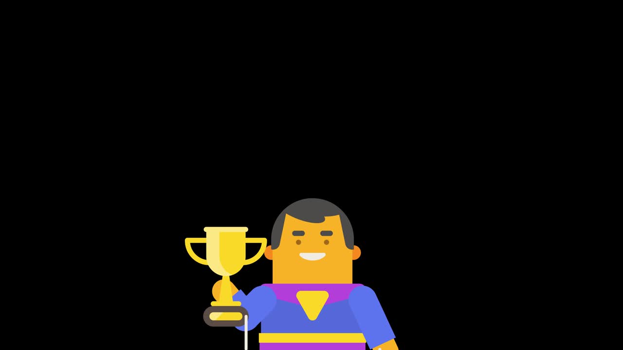 슈퍼 히어로가 금 컵과 돈을 들고 손을 흔들고 날아갑니다.