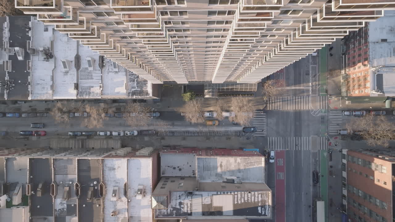 Aerial view of a skyscraper apartment building on the Upper East Side of Manhattan, New York.