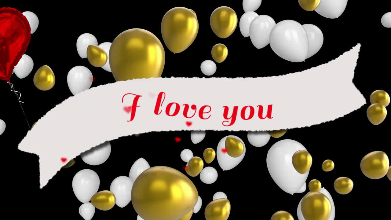 I love you text animation over floating gold and white balloons on black background