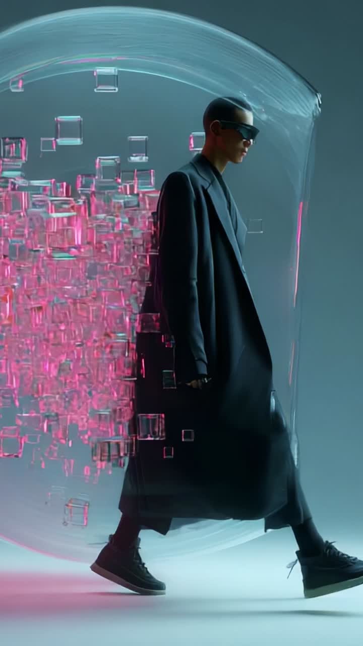 Futuristic Fashion: A Model Walks Through a Dynamic Digital Environment in a Long Coat, Highlighting Modernity and Style with a Vibrant Background of Abstract Cubes