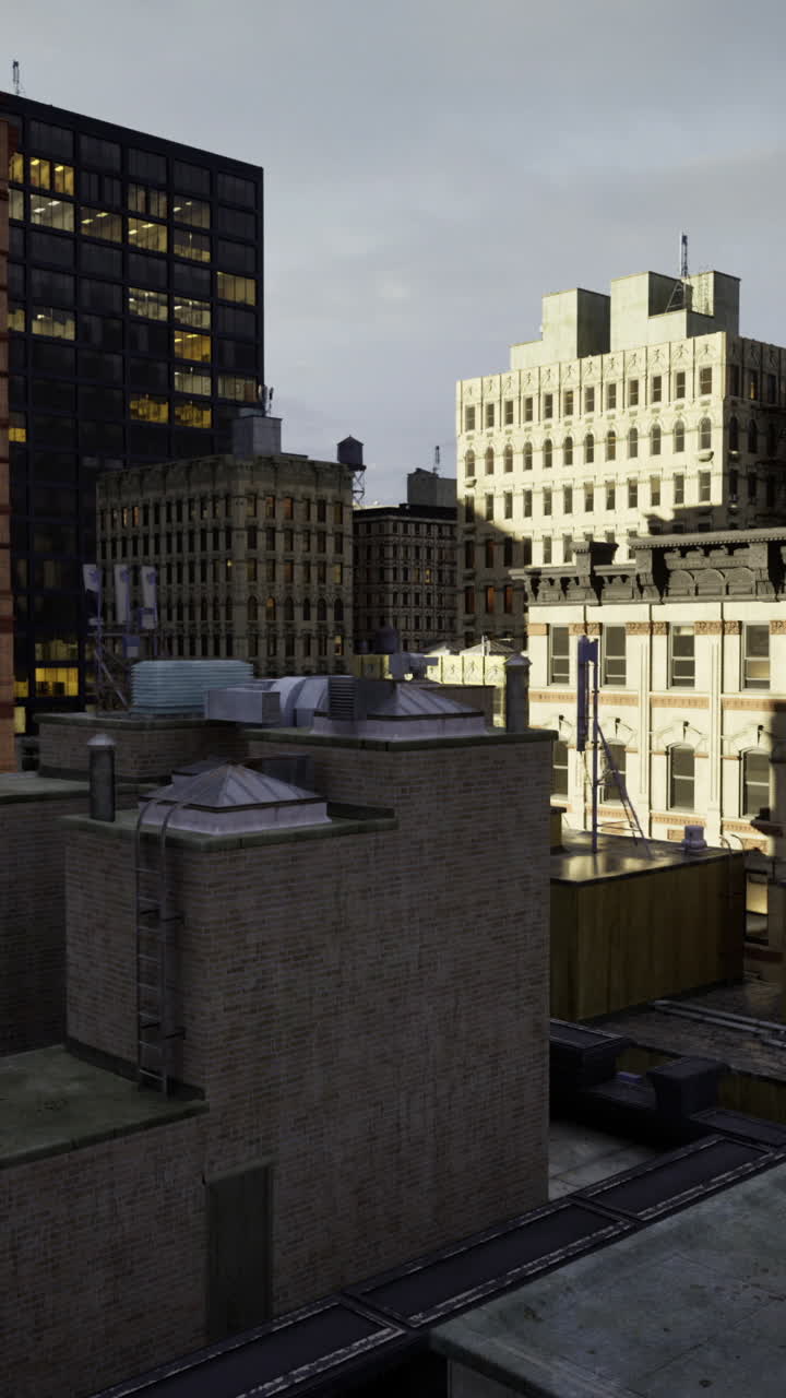 Urban landscape showcasing buildings in the twilight of a bustling city