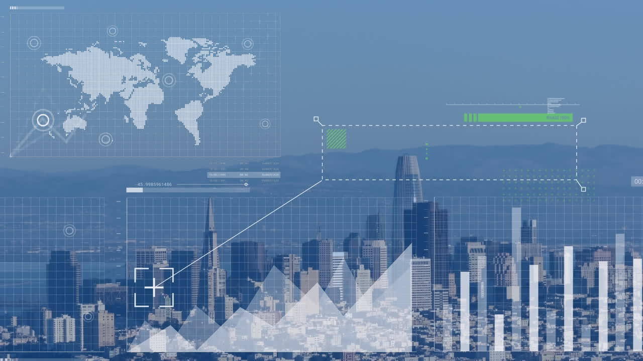 Animation of data processing over 3d cityscape