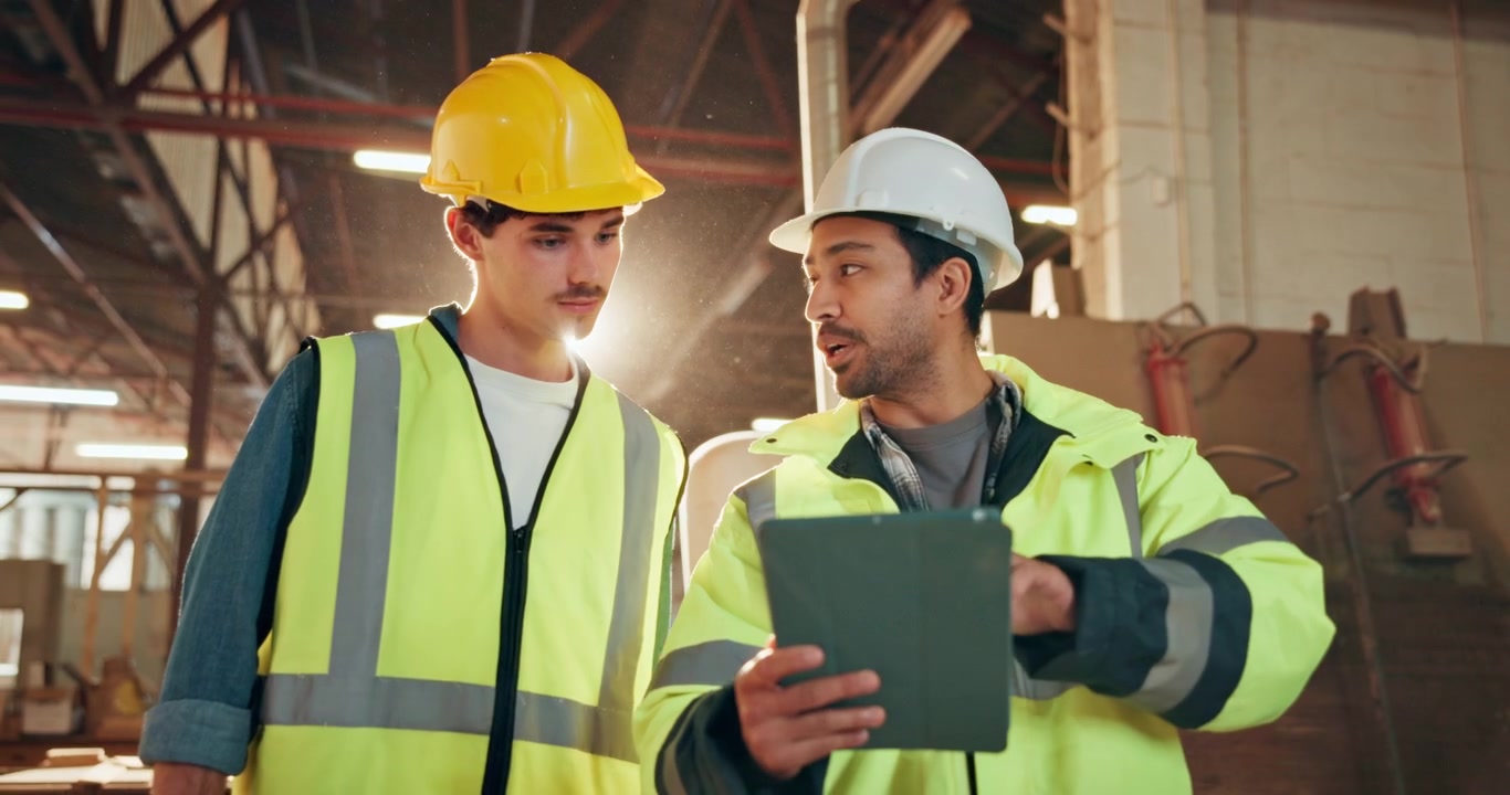 Two Construction Workers Discussing Project Plans on a Tablet in a Warehouse