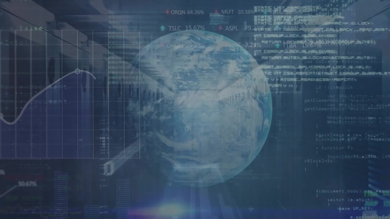 Animation of binary coding, statistics and data processing over globe