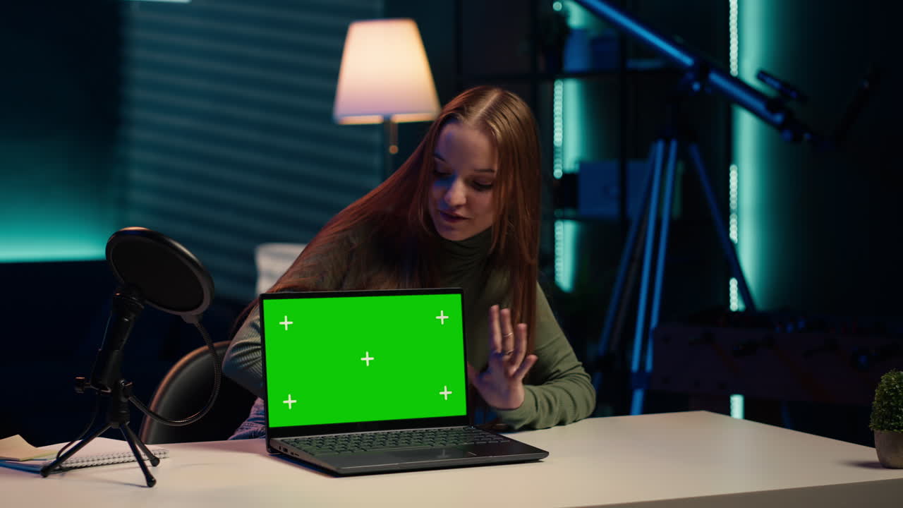 un joven artista presenta una computadora portátil de pantalla verde desde el video de patrocinio de la marca