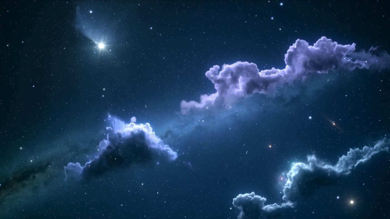 Shifting diagonal nebula band being driven by gas flows in space, with flaring star, starfield