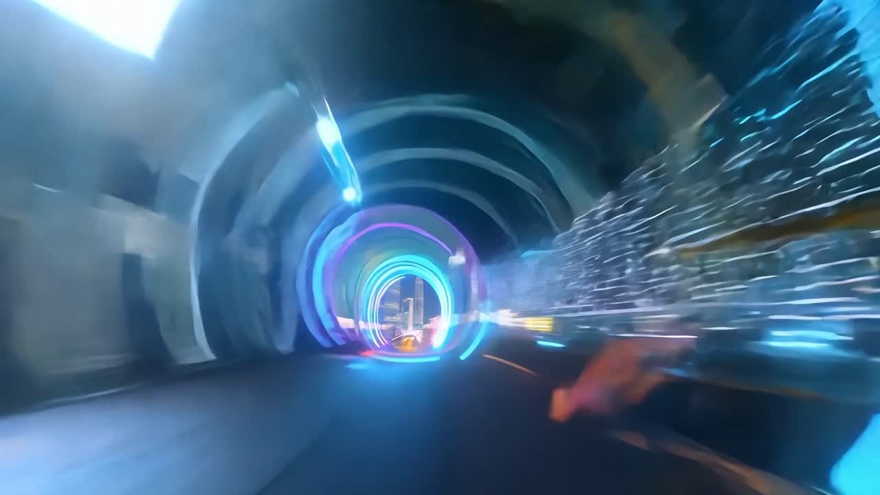 Neon Tunnel and Cityscape