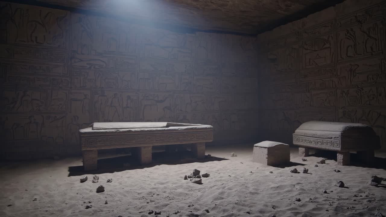 A video still of an ancient tomb with hieroglyphs, captured from a low angle