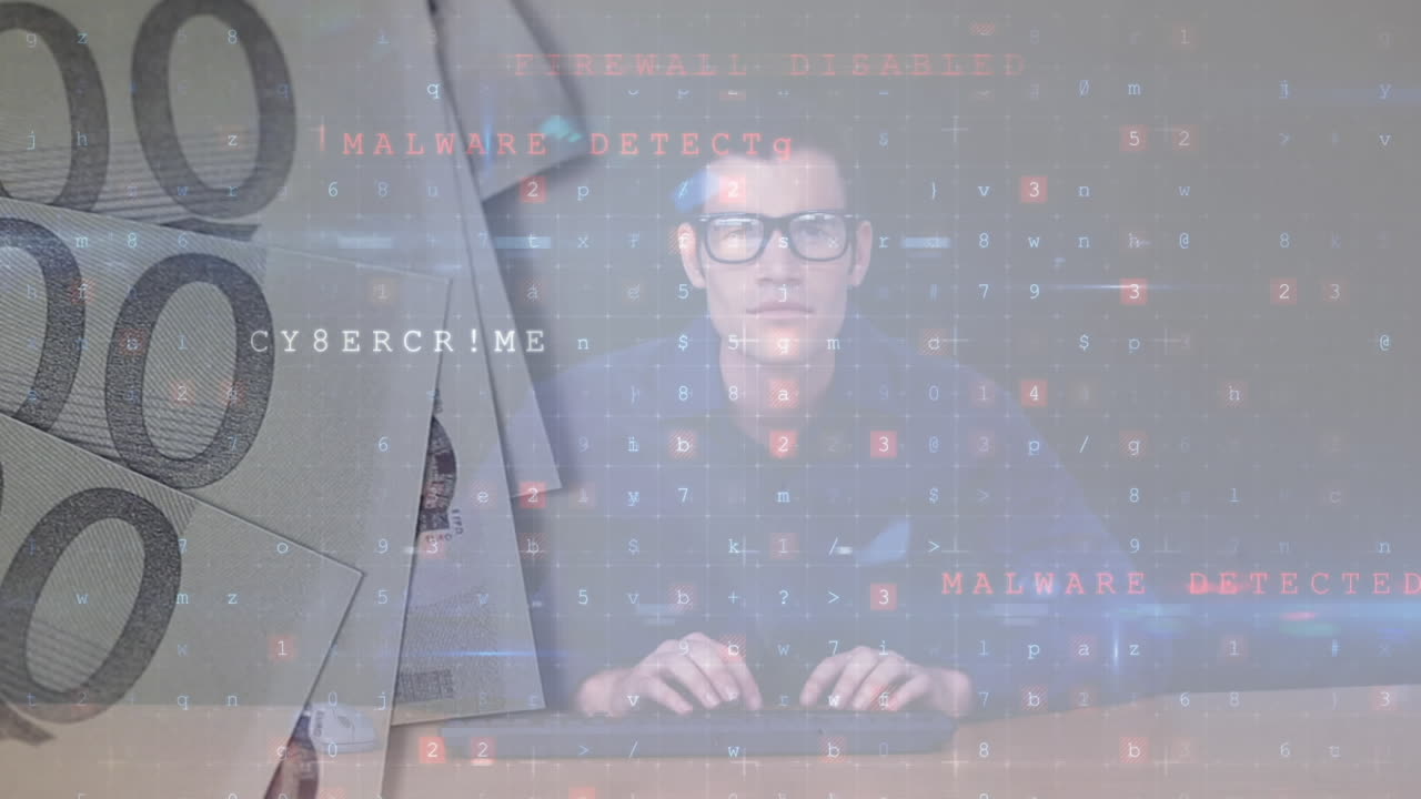 animación de números cambiantes, alerta de piratas informáticos y virus sobre los billetes en euros