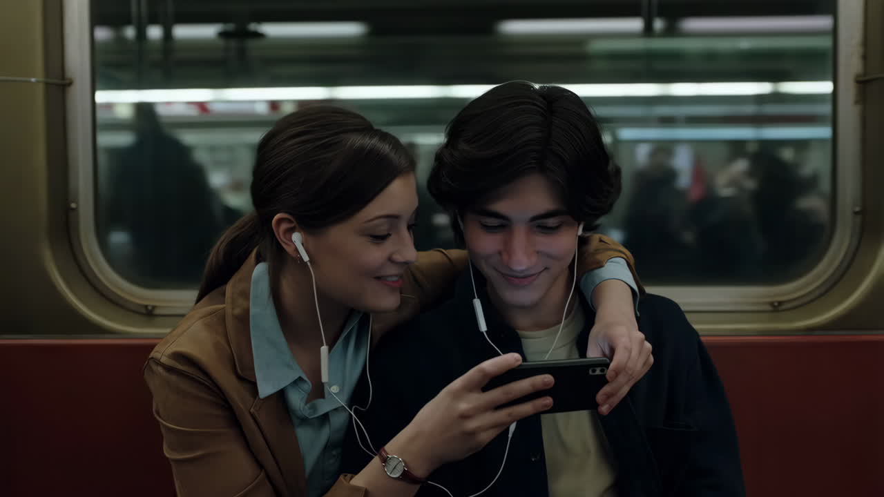 Young couple sharing earphones and watching a smartphone on a subway
