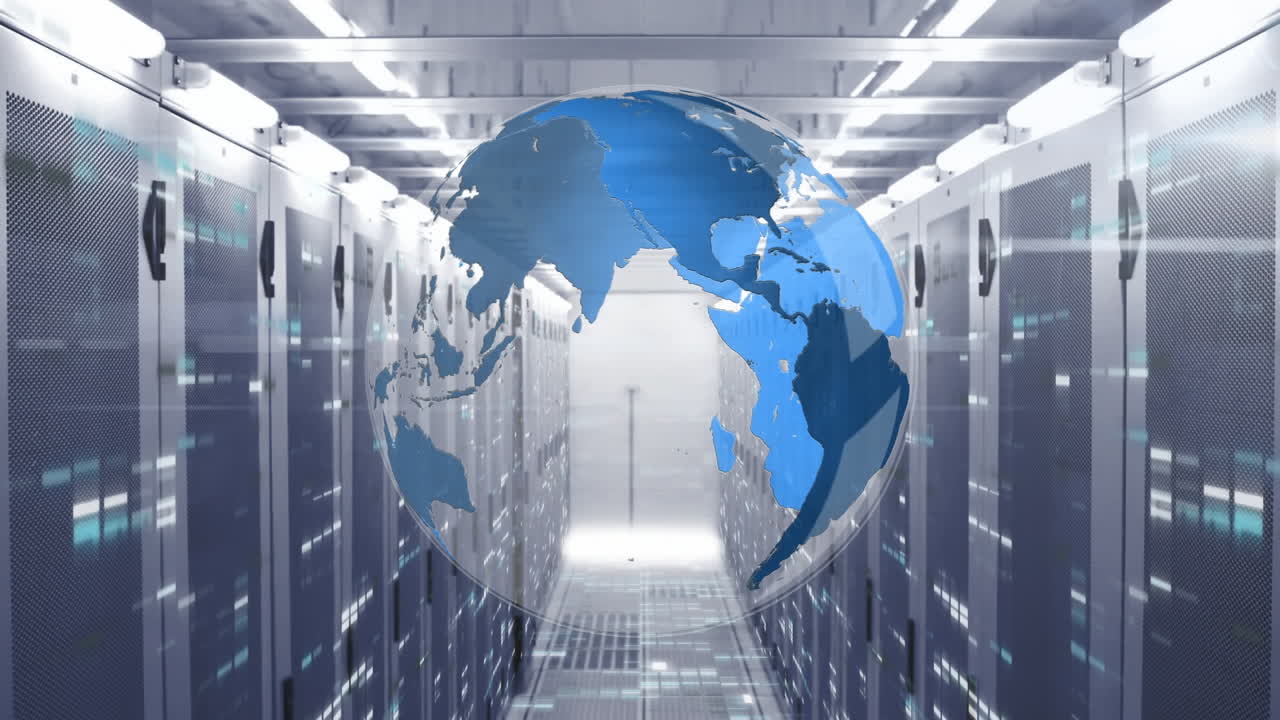 Animation of light spots and globe over server room