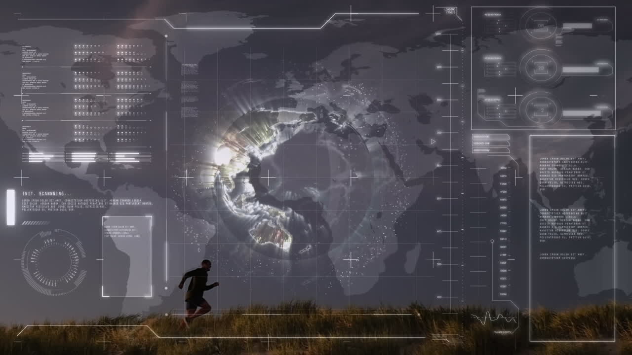 Animation of data processing over fit man running