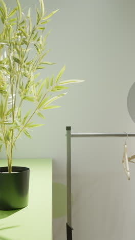 green dressing room with bamboo plant