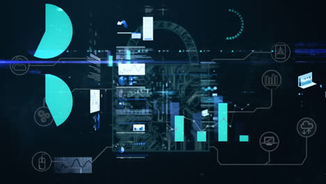 Animation-of-data-processing-and-online-security-padlock-on-screen