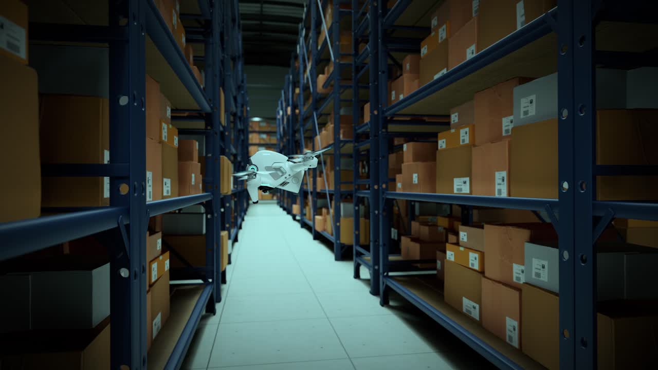 animación con drones de almacén escaneando códigos qr en las cajas de cartón en un estante metálico sistema totalmente automático no tripulado de distribución de carga proceso logístico eficiente coordinado por computadora