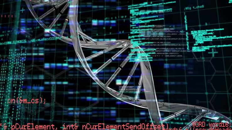 Animation of 3d dna strand spinning and scientific data processing on black background