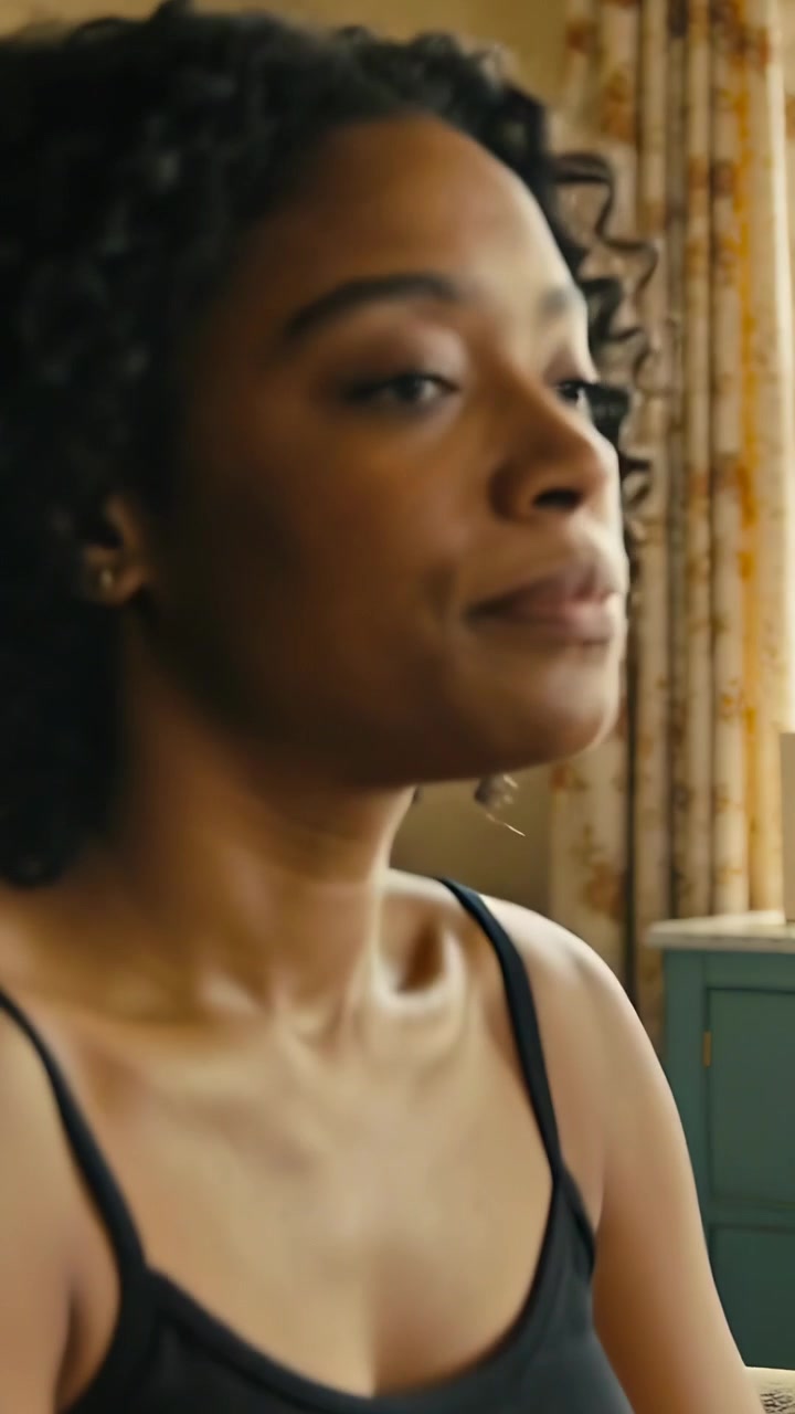 Vertical video: Cutting, woman in black top turning head and settling by bed, with pillows, picture