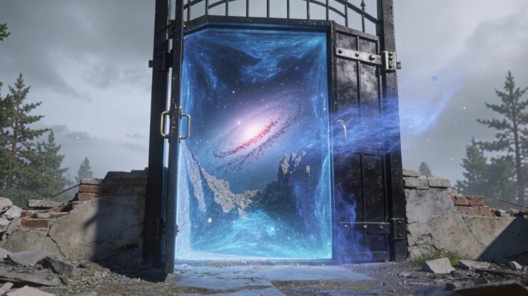 Showing left ajar, black wrought-iron gate holding blue portal on ruined platform, evolving galaxy