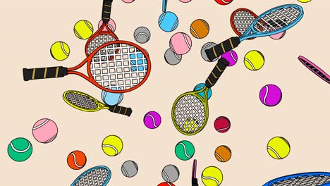 toon style colorful tennis balls and tennis rackets on beige background.